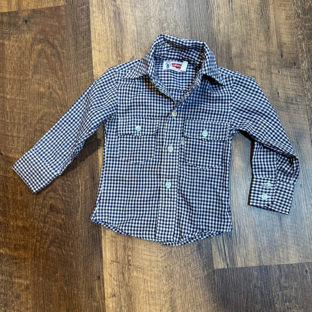 Vintage Levi's Boys 2T Blue White Plaid Western Button Up Shirt 90s Retro